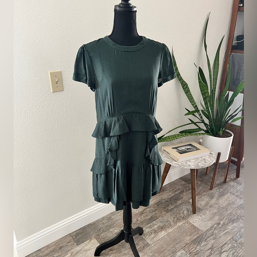 BCBG Hunter Green Pinstripe Ruffle Dress